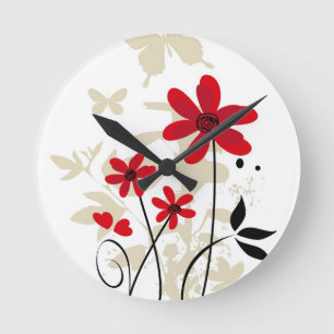 Red flowes and butterflies round clock