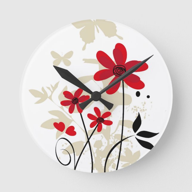 Red flowes and butterflies round clock (Front)