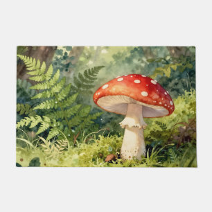 Red Fly Agaric Mushroom Watercolor Forest Scene Doormat