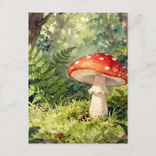Red Fly Agaric Mushroom Watercolor Forest Scene Postcard