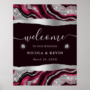 Red Foil and Silver Glitter Agate Wedding Welcome Poster