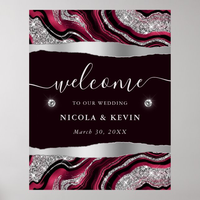 Red Foil and Silver Glitter Agate Wedding Welcome Poster (Front)