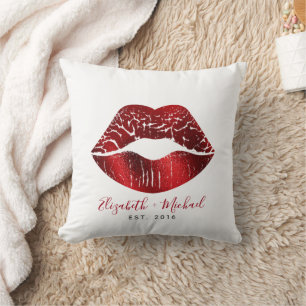 Red Foil Lips Custom Names Script Bold Modern Glam Throw Pillow