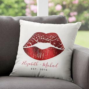 Red Foil Lips Custom Names Script Bold Modern Glam Throw Pillow