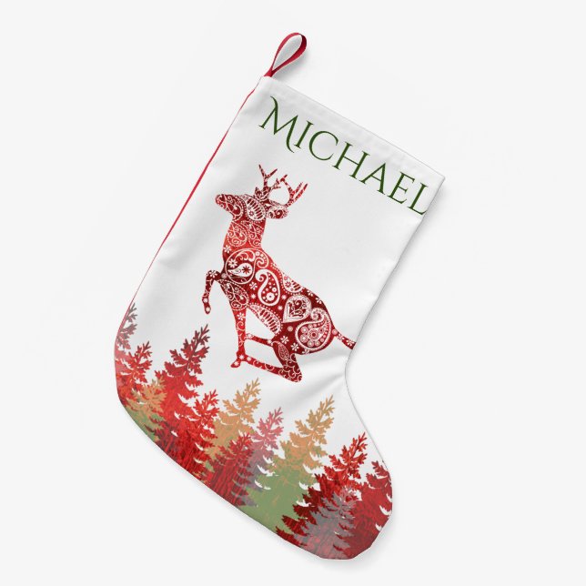 Red Foil Reindeer Forest Name Small Christmas Stocking (Front (Hanging))