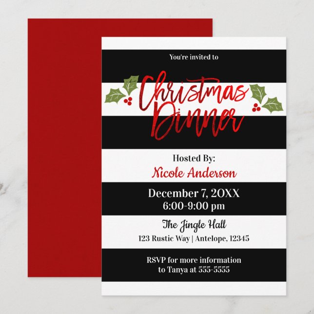 Red Foil Shine Chic Modern Script Christmas Dinner Invitation (Front/Back)