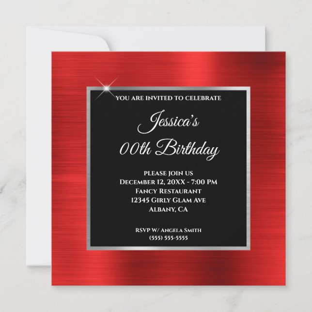 Red Foil Silver and Black Birthday Invitation (Front)
