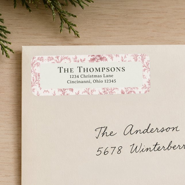 Red Foliage Christmas Return Address Custom (Elegant Christmas return address labels with red foliage and personalized family details.)