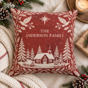 Red Folk Art Block Print Winter Cabin Holiday Throw Pillow