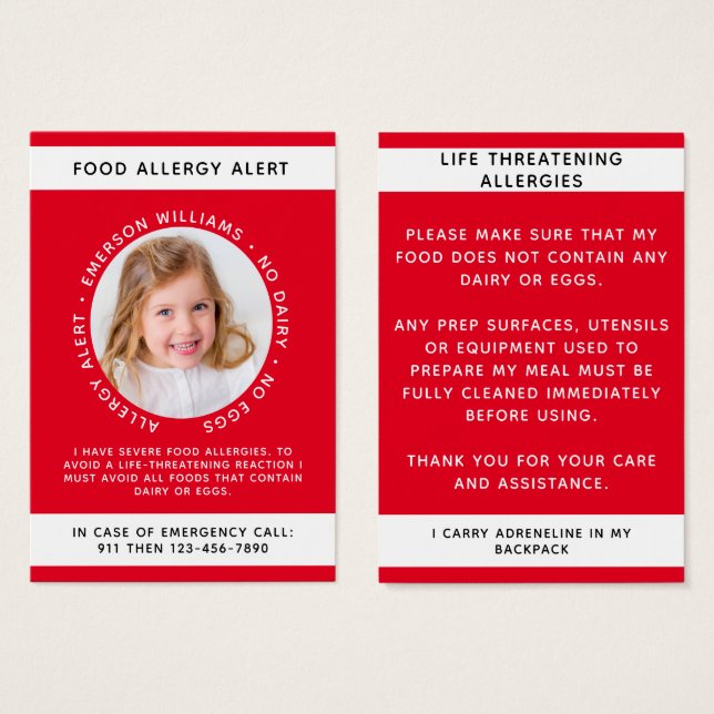 Red Food Allergie Alert Photo Chef Card (Devant & derrière)