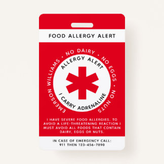 Red Food Allergy Alert Child ID Badge