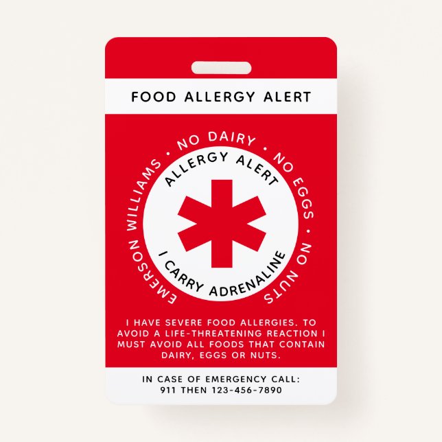 Red Food Allergy Alert Child ID Badge (Front)