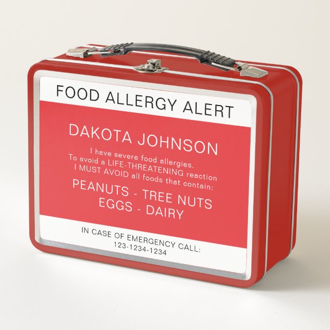 Red Food Allergy Alert Metal Lunch Box (Front)