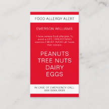 Red Food Allergy Alert Personalized Chef Card