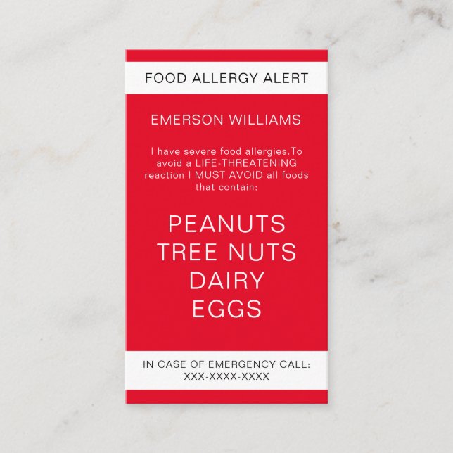 Red Food Allergy Alert Personalized Chef Card (Front)