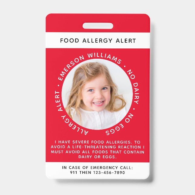 Red Food Allergy Alert Photo Badge (Front)