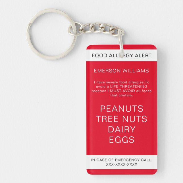 Red Food Allergy Medical Alert Emergency Contact Keychain (Front)