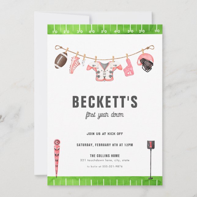 Red Football Birthday First Year Down 1st Invite (Front)