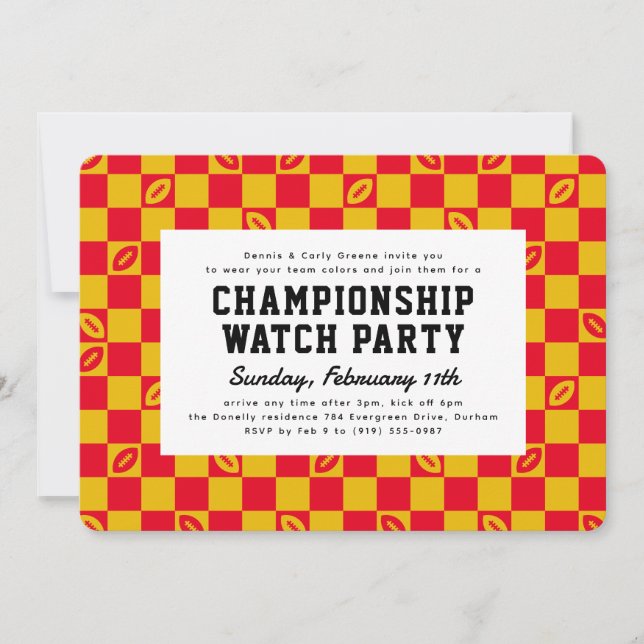 Red Football Check Championship Game Watch Party Invitation (Front)