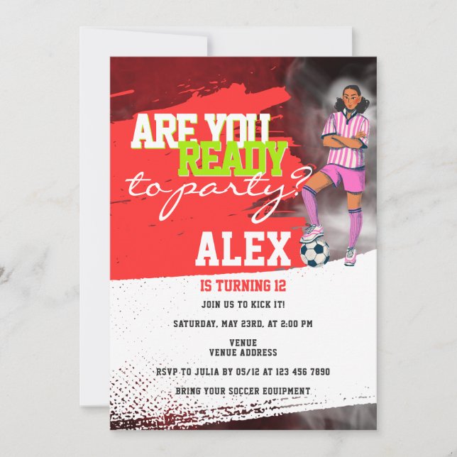 Red Football Player Soccer Girl Birthday Party Invitation (Front)
