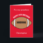 Red Football Sport 14th Birthday Card<br><div class="desc">A red personalized football 14th birthday card for grandson, godson, son, etc. You can easily personalize the front of this sports birthday card with his age and name. The inside card message and back of the card can also be personalized for the birthday recipient. This football birthday card for him...</div>
