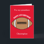 Red Football Sport 14th Birthday Card<br><div class="desc">A red personalized football 14th birthday card for grandson, godson, son, etc. You can easily personalize the front of this sports birthday card with his age and name. The inside card message and back of the card can also be personalized for the birthday recipient. This football birthday card for him...</div>