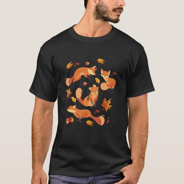 Red Forest Fox Baby Animal Autumn Fall Leaves T-Shirt (Front)
