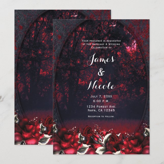 Red Forest Roses Gothic Wedding  Invitation (Front/Back)