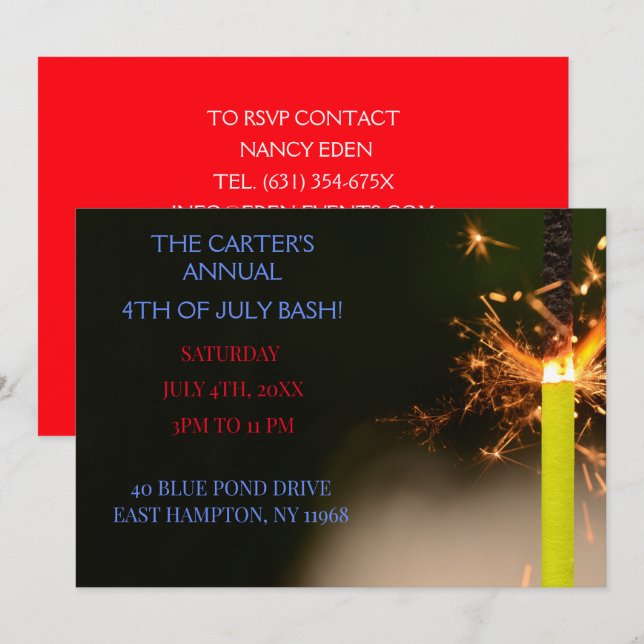 Red Fourth of July  Independence Day  Sparkler Invitation (Front/Back)