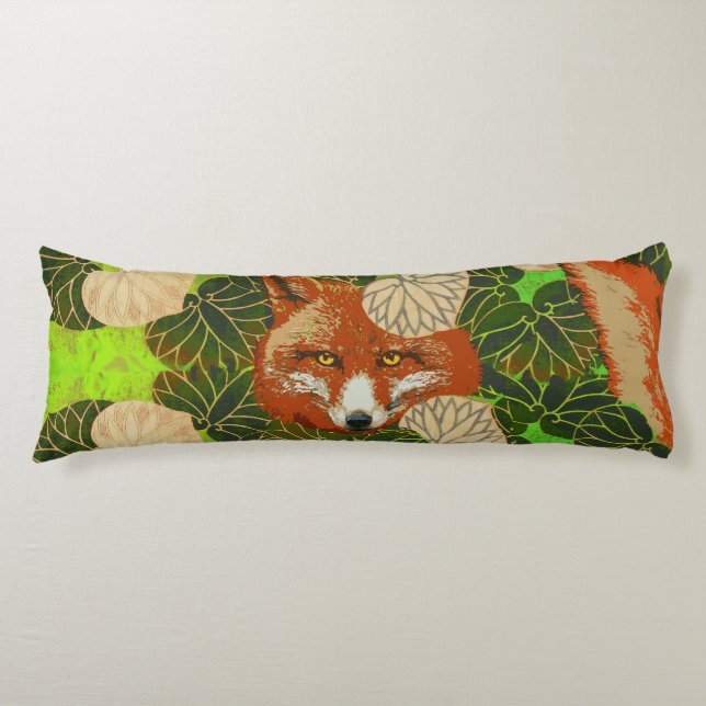 RED FOX AMONG THE GREEN LEAVES AND FOLIAGE BODY PILLOW (Front)
