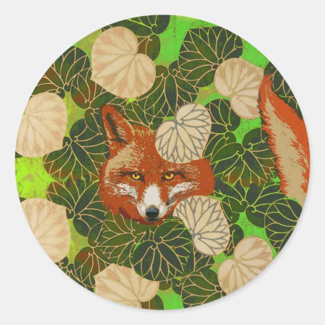 RED FOX AMONG THE GREEN LEAVES AND FOLIAGE CLASSIC ROUND STICKER (Front)
