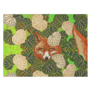 RED FOX AMONG THE GREEN LEAVES AND FOLIAGE TABLECLOTH
