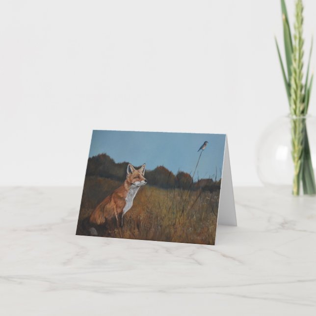 Red Fox and Bluebird Animal Wildlife Art Note Card (Front)