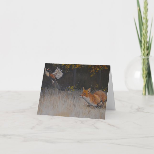 Red Fox and Pheasant Fall Art Note Card (Front)