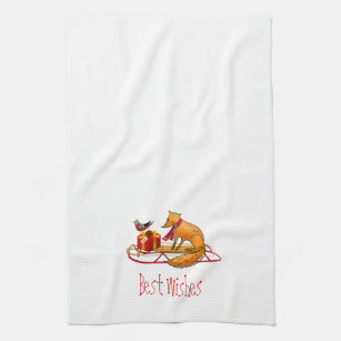 Red Fox and Red Robin Best Wishes Kitchen Towel