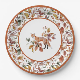 Red Fox Autumn Fall Leaves Pattern Paper Plate