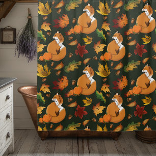 Red Fox Autumn Leaves Acorns Green Pattern