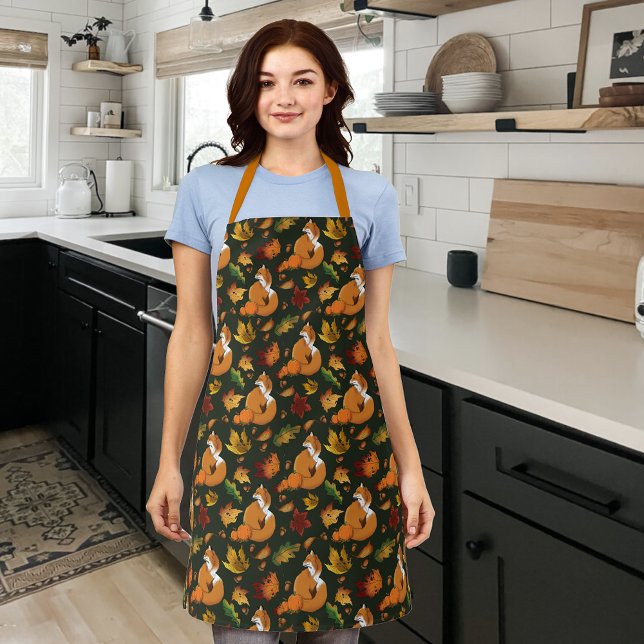 Red Fox Autumn Leaves Acorns Green Pattern Apron (Creator Uploaded)