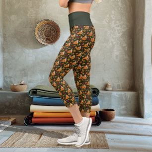 Red Fox Autumn Leaves Acorns Green Pattern Capri Leggings