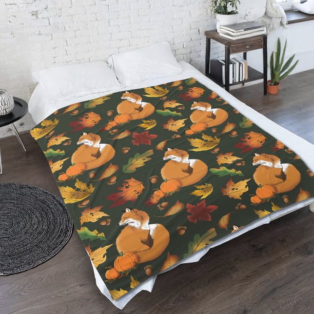 Red Fox Autumn Leaves Acorns Green Pattern Fleece Blanket (Creator Uploaded)