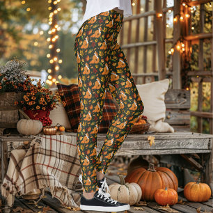 Red Fox Autumn Leaves Acorns Green Pattern Leggings