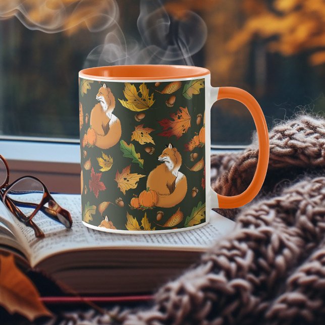 Red Fox Autumn Leaves Acorns Green Pattern Mug (Creator Uploaded)