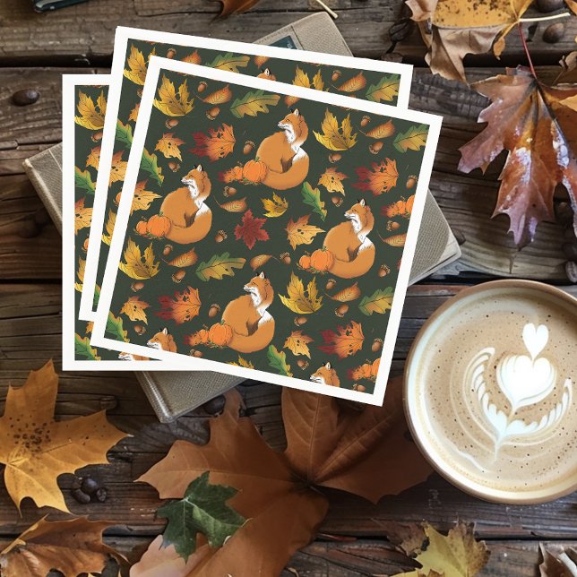 Red Fox Autumn Leaves Acorns Green Pattern Napkin (Creator Uploaded)