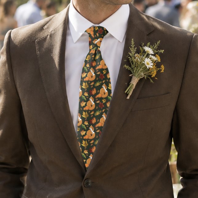 Red Fox Autumn Leaves Acorns Green Pattern Tie (Creator Uploaded)