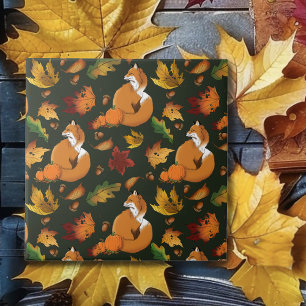 Red Fox Autumn Leaves Acorns Green Pattern Tile