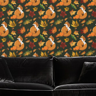 Red Fox Autumn Leaves Acorns Green Pattern Wallpaper