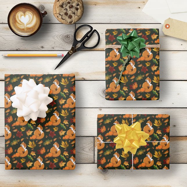 Red Fox Autumn Leaves Acorns Green Pattern Wrapping Paper Sheet (Creator Uploaded)