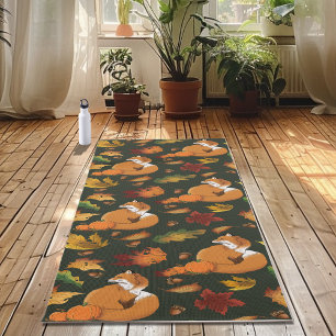 Red Fox Autumn Leaves Acorns Green Pattern Yoga Mat