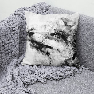 Red Fox Black and White Watercolor 01 Throw Pillow