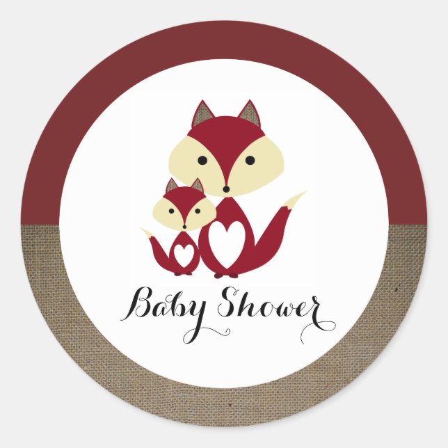 Red Fox Burlap Baby Shower Classic Round Sticker (Front)